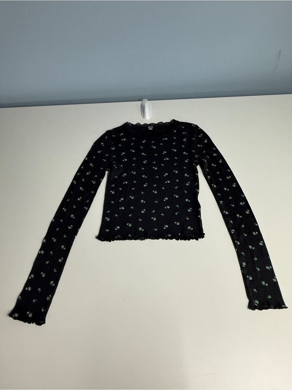 BDG Black Ribbed Long-Sleeve Crop Top with Green Floral Print